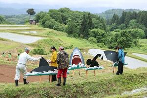 棚田にかかしアートの作品を設置する長岡造形大の学生ら=1日、長岡市比礼