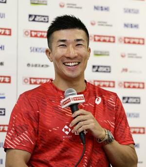 陸上の日本選手権開幕を前に、記者会見する桐生祥秀=11日、パロマ瑞穂スタジアム