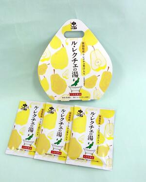 入浴剤「ル・レクチエの湯」。県産の規格外品の果汁を使用している