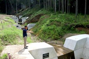 県北豪雨を受け、小岩内集落を流れる沢「居浦」に設けられた床固工。周囲にあった多くの雑木は水害の時に流された=8月3日、村上市小岩内