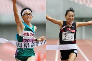 男子で優勝した中越のアンカー川上大敬(左)と、女子優勝の新潟明訓のアンカー石川桃子(右)=ビッグスワン