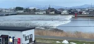 上越市の直江津橋付近で撮影された関川を遡上(そじょう)する津波=1月1日(読者提供動画より)