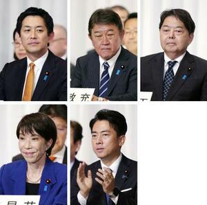 自民党総裁選に立候補を届け出た5氏。(上段左から)小林元経済安保相、茂木前幹事長、林官房長官、(下段左から)高市前経済安保相、小泉農相=22日午後、東京・永田町の党本部
