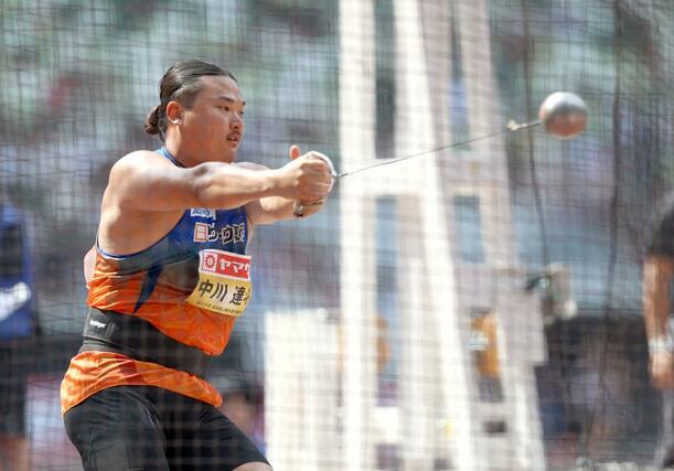 男子ハンマー投げ　３投目で７１メートル８７をマークし、２位となった中川達斗＝国立競技場（写真映像部・立川悠平）