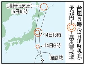 台風5号の予想進路(13日18時現在)