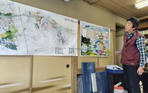 上越市清里区の田を記した地図。各生産者が平場だけでなく山間地の田も管理する＝２月、上越市清里区