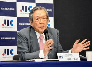 記者会見するJICの横尾敬介社長=31日午後、東京都港区