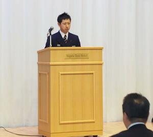県消防職員意見発表会で最優秀賞を受賞した長岡市消防本部の安部亮太さん=新潟市中央区弁天2