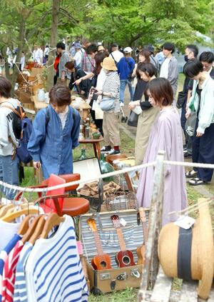 古道具や雑貨などが並んだ「新潟蚤の市 海辺のバザール」=5月18日、新潟市北区島見町