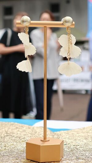 プラントフォームが売り出したチョウザメのうろこを使ったアクセサリー=長岡市摂田屋4