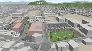 村上市が示した村上総合病院、ジャスコ村上店跡地の区画案イメージ(市提供)。村上駅方面から一帯を眺める構図となっている