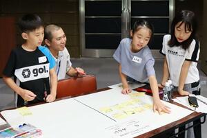 「どうすれば新潟県を訪れたくなるか」を話し合う小学生たち=8月3日、県庁
