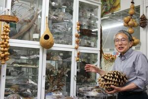 研究室内の植物コレクションについて説明する長谷部光泰さん=6月、愛知県岡崎市