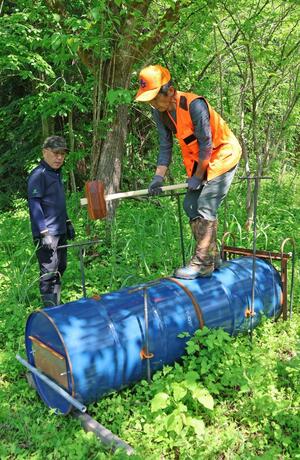 クマ用のドラム缶わなを設置する長岡市鳥獣被害対策実施隊のメンバーら=長岡市