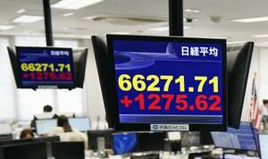 　初めて６万６０００円台に乗せ、取引時間中の最高値を更新した日経平均株価を示すモニター＝２７日午前、東京都港区の外為どっとコム