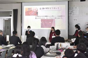 まちなかのビルの一室について活用方法を発表した新潟大付属長岡小の5年生=長岡市学校町1