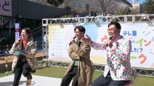 (左から)『「家、ついて」って、なんかいい。番組10周年目前トークショー』に登壇した、狩野恵里（テレビ東京アナウンサー）、矢作兼（おぎやはぎ）、ビビる大木　（C）Oricon NewS Inc.