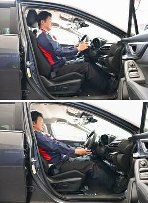 　深くシートに腰かけ、座席位置も適切な運転姿勢（上）。膝に余裕がないと急ブレーキもかけづらい＝東京都港区