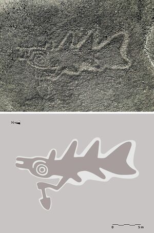 新たに発見された「ナイフを持ったシャチ」の地上絵（上）と模式図（下）（いずれも山形大ナスカ研究所提供）