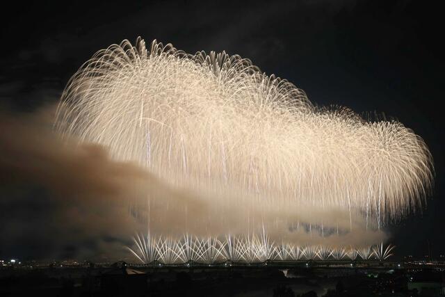 夜空を彩った「復興祈願花火フェニックス」=8月2日午後8時30分ごろ、長岡市