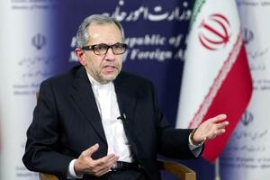 単独会見に応じるイランのラバンチ外務次官=9日、テヘラン(共同)