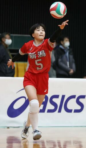 サーブを打つ五十嵐真子=エディオンアリーナ大阪