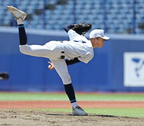 中越ー六日町　六日町の先発・岡﨑來＝ハードオフ・エコスタジアム