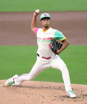 ドジャース戦に先発したパドレスのダルビッシュ=サンディエゴ(共同)