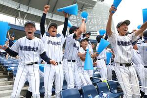 勝利が決まり、歓喜する新潟産大付属高校の野球部員=7月26日、新潟市中央区