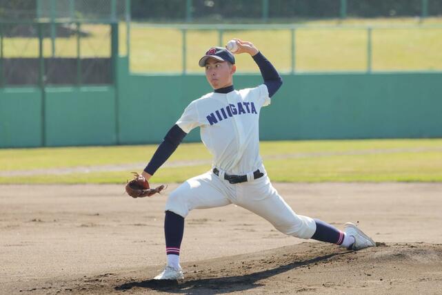 高校野球１回戦　新潟明訓－新潟　新潟の先発、笹川煌馬＝２６日、新発田市五十公野公園野球場