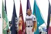 67チームを代表して選手宣誓する長岡工業・竹部匠眞主将=7月5日、新潟市中央区のハードオフ・エコスタジアム