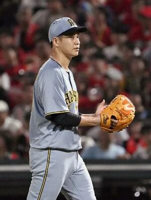 6回途中1失点で5勝目を挙げた阪神・大竹=マツダ