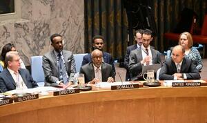 29日、国連安全保障理事会の緊急会合で発言するソマリアのオスマン国連大使(中央)=ニューヨーク(共同)