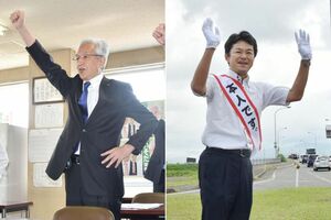 長岡市長選への立候補を表明した現職の磯田達伸氏(左)と新人の高橋宏幸氏