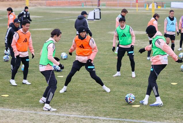 今季初めて専用練習場でトレーニングに取り組む選手たち=聖籠町