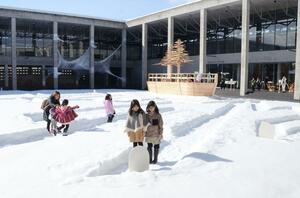 雪上に設けられた迷路「雪の阿弥陀渡り」を楽しむ子どもたち=1月25日、十日町市本町6