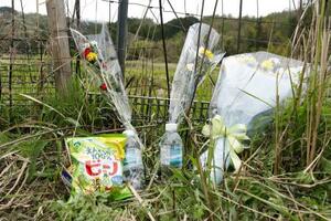 花束が手向けられた遺体発見現場付近=14日午後3時59分、京都府南丹市