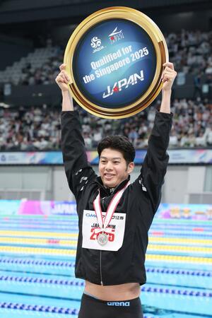 男子100メートルバタフライ決勝 2位で世界選手権出場を決めた水沼尚輝=東京アクアティクスセンター(写真映像部・新井田悠)