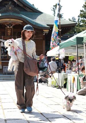 着物姿の愛犬と飼い主が登場した「わんちゃん着物ファッションショー」＝五泉市宮町