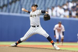 帝京長岡-北越 今大会初登板で完封した、帝京長岡の主戦茨木佑太=エコスタ(写真映像部・菊池雪那)