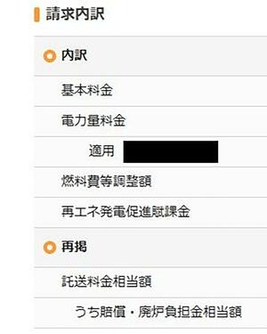 ある小売り電気事業者の電気料金の明細。「託送料金相当額」に含まれる容量市場費用などの文字は見当たらない(画像は一部加工してあります)