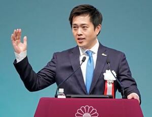 第93回自民党大会であいさつする日本維新の会の吉村代表=12日午前、東京都内