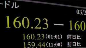 　一時１ドル＝１６０円台を付けた円相場を示すモニター＝２８日未明、東京・東新橋
