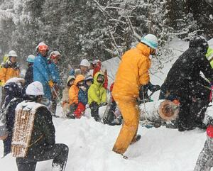 木材を運ぶ昔ながらの作業「大持引」を体験する参加者=2月22日、上越市下正善寺