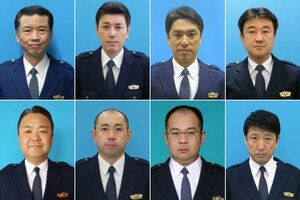 （上段左から）清水宏明刑事部長、小森也寸志生活安全部長、倉石浩之新潟署長、近藤孝一警備部長、（下段左から）須田芳明地域部長、松川寛治長岡署長、清水文宏首席監察官、左京秀明警察学校長