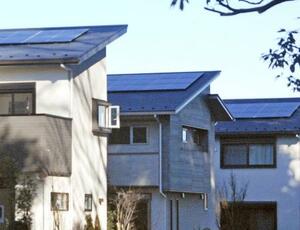 屋根に太陽光パネルを備えた住宅=2022年1月、さいたま市緑区