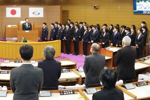 新年度を迎え、林茂男南魚沼市長が行った訓示=1日、南魚沼市役所