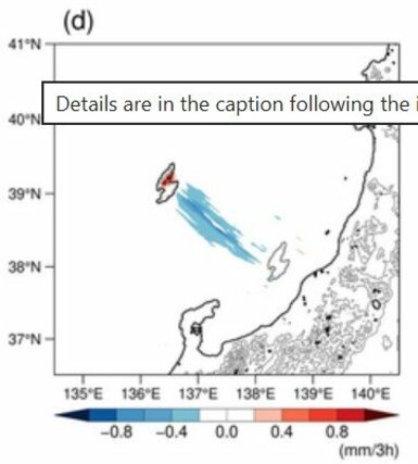 佐渡をより沖合（北西）に移動させた場合、風下側に帯状の降雪の少ない領域（青色）が生まれていますが、新潟市周辺まで影響は及んでいません（日下教授らの論文から抜粋）