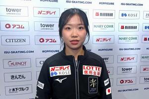 　試合から一夜明け、取材に応じる中井亜美＝７日、ＩＧアリーナ