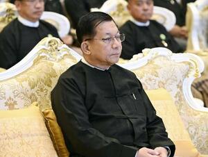 　ミャンマー首都ネピドーでの式典に出席したミンアウンフライン国軍総司令官（当時）＝３月